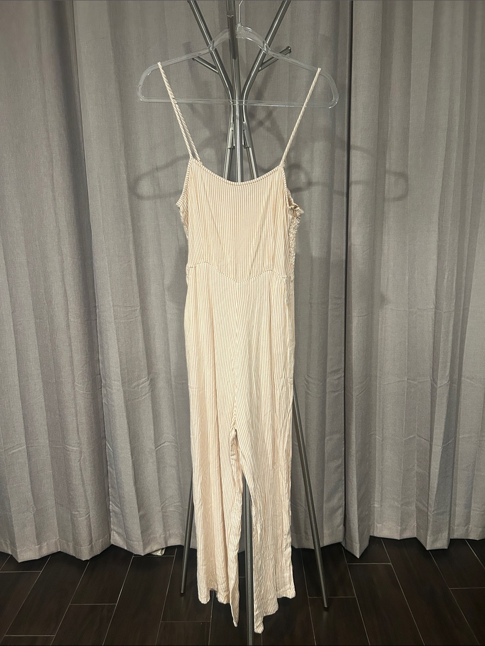 Amuse Society Cream and Yellow Striped Smocked-Neck Jumpsuit